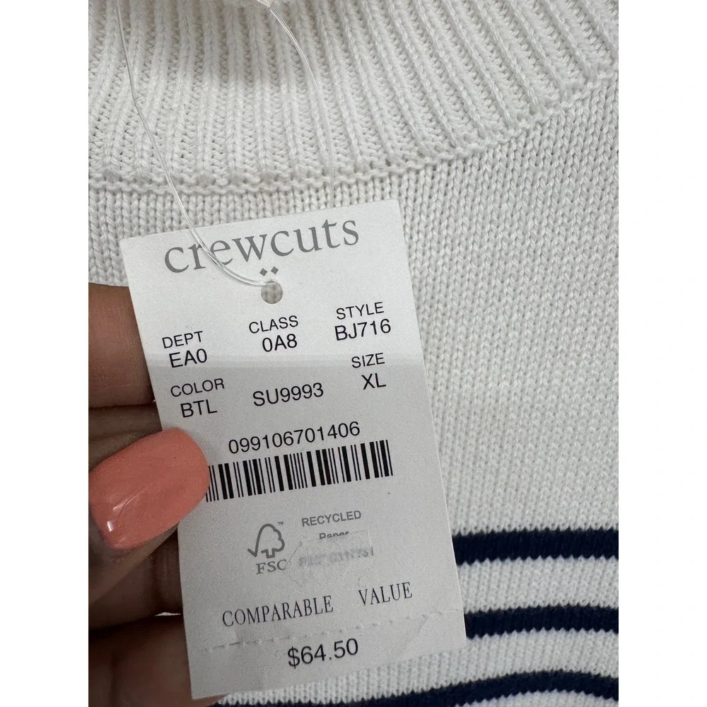 Crewcuts Striped Mockneck Sweater Kids XL 12-14 White Navy Blue Preppy Classic